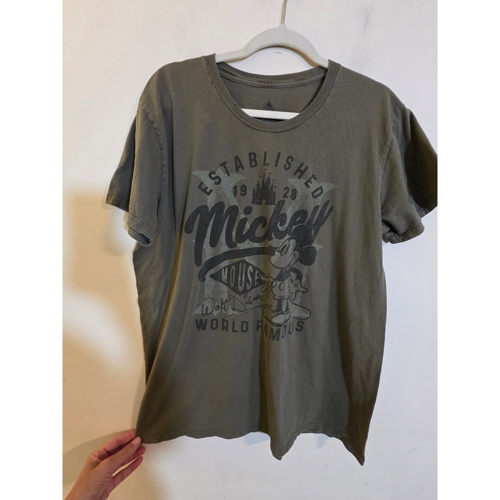 Disney Mickey Mouse World Famous Graphic T-Shirt Olive Green XL Cotton 1928